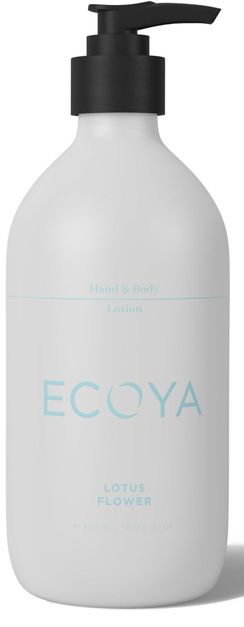 En vit flaska med svart pump, märkt 'ECOYA' och 'LOTUS FLOWER' för hand- och kroppstvätt.
