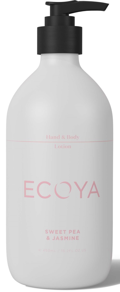 En vit flaska med en svart pump, märkt 'ECOYA Hand & Body Lotion, Sweet Pea & Jasmine' i rosa text.