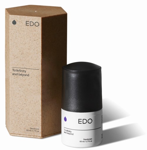 A deodorant bottle with a black cap and a beige box, labeled 'EDO To infinity and beyond', 50 ml.