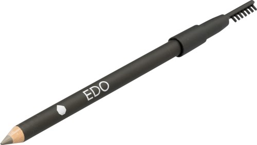Een zwarte pen met uitschuifbare punt en borstel aan het uiteinde, gelabeld 'Edo'.