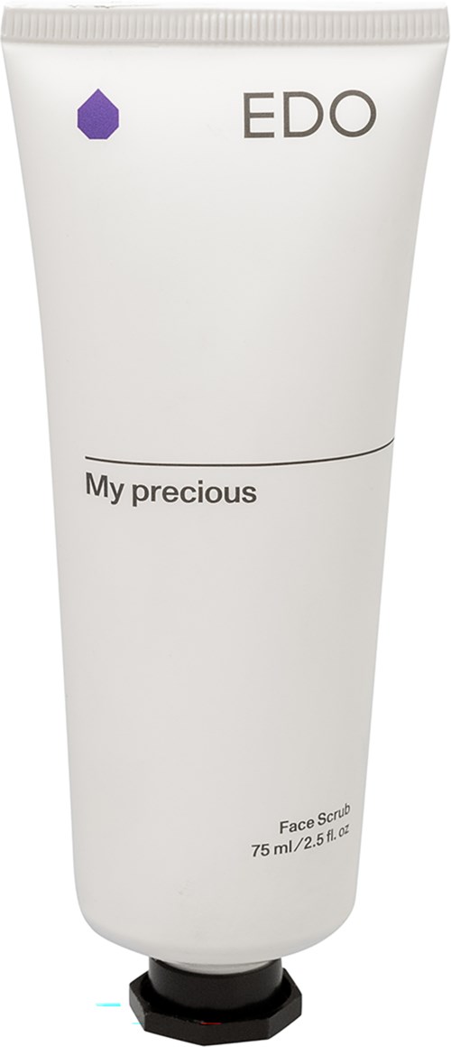 Een witte tube gezichtsscrub met 'EDO' en 'My precious', met een klein paarse hexagonlogo bovenaan.