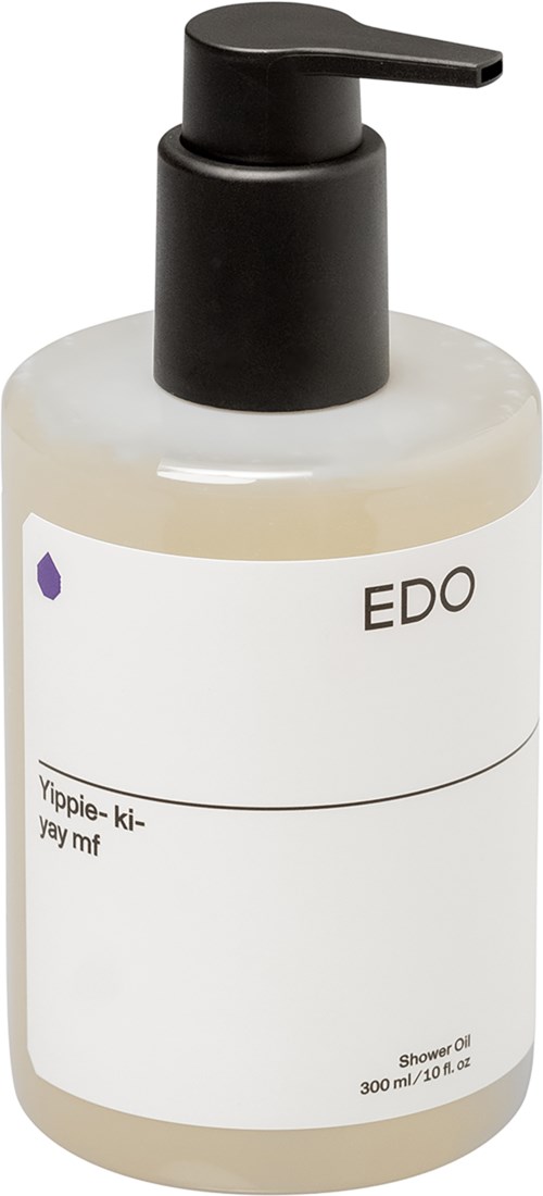 Een witte fles met een zwarte pomp, gemarkeerd 'EDO', bevat 300 ml douchegel.