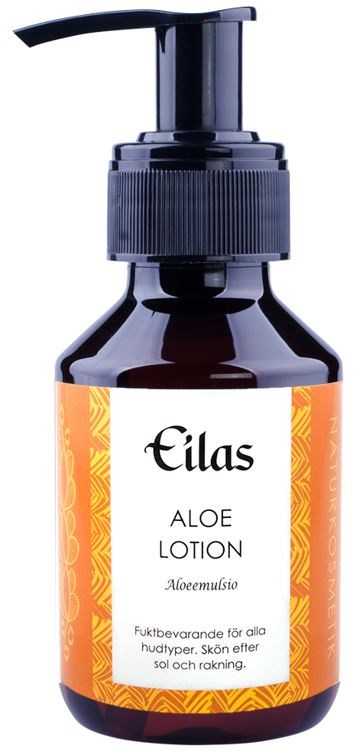 Ciemna butelka z dozownikiem, oznaczona 'Eilas Aloe Lotion,' nawilżanie skóry, odpowiednia dla wszystkich typów skóry.