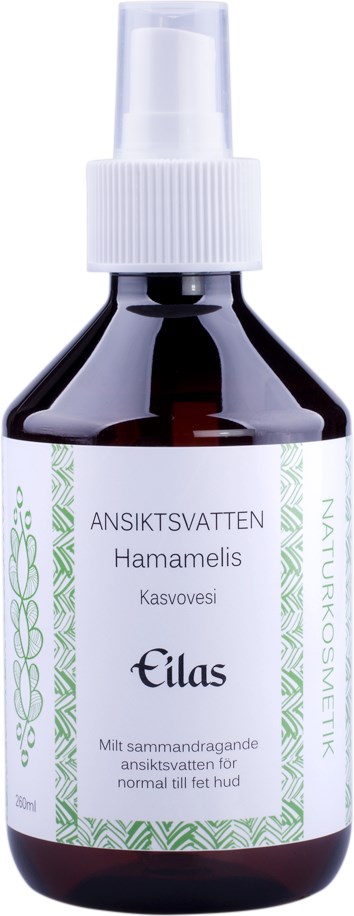 Brązowa butelka z rozpylaczem, oznaczona jako tonik do twarzy z wyciągami z hamamelis i dla skóry normalnej do tłustej.