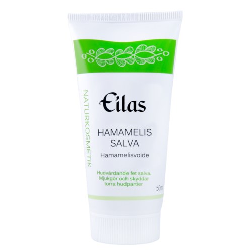 Witte tube met hamamelis zalf met groene en zwarte tekst, voor huidbescherming en kalmering van droge huid.