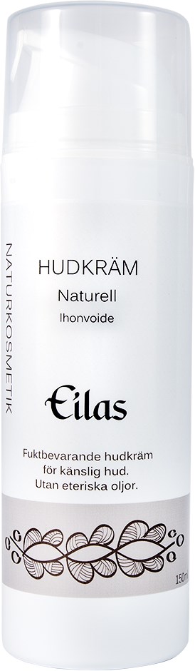 Biała butelka z napisem 'HUDKRÄM Naturell', czarnym tekstem, dekoracyjnym wzorem liści i pompką.