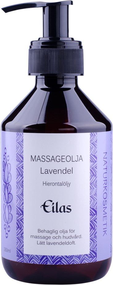 Een donkere fles met pomp voor lavendel massageolie, met een paarse en witte verpakking met tekst.