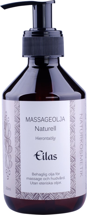 Een donkerbruine fles met pomp, gemarkeerd als natuurlijke massagegel zonder etherische oliën.