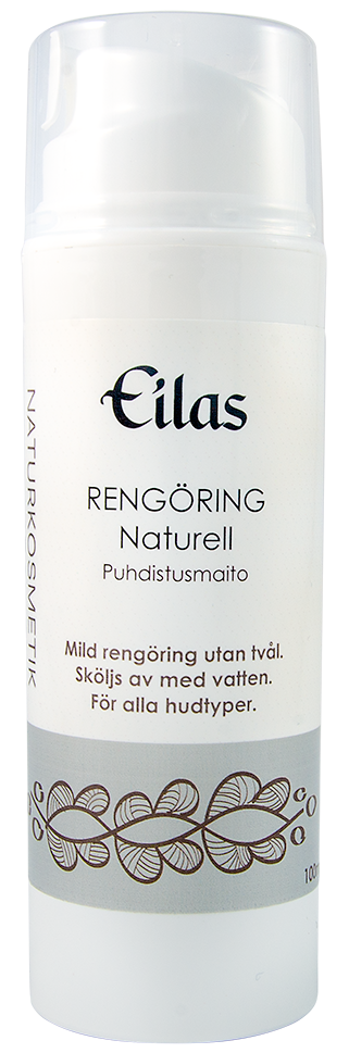 En hvit flaske med svart tekst, merket "Eilas Rengöring Naturell" for skånsom hudrengjøring. Den har et bladdesign.