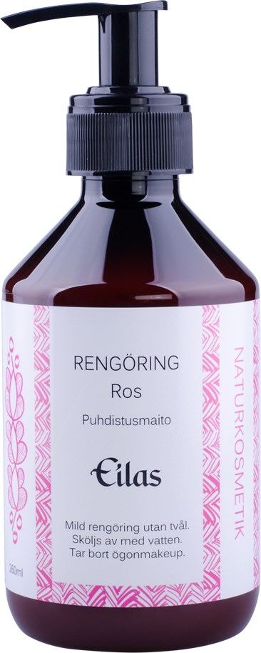 En mørk brun væskesåpeflaske med pumpe, merket for mild rengjøring med rosen og fjerning av sminke.