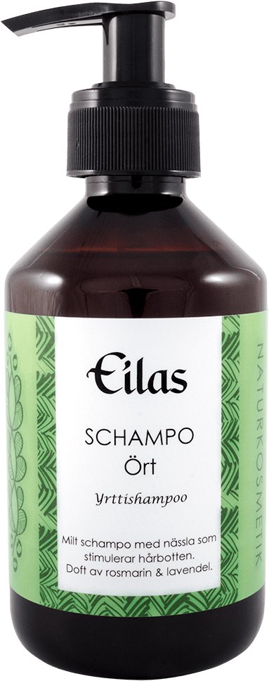 En brun schampoflaska med svart pump, märkt 'Eilas Ört Schampo' med gröna och vita detaljer.