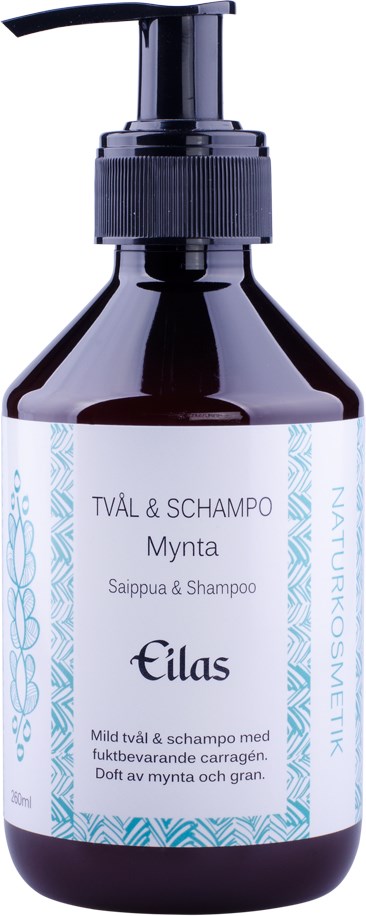 Tummallinen pullo pumpulla, merkitty minttu- ja shampoopulloksi, koristeellisia sinisiä kuvioita ja tekstiä.