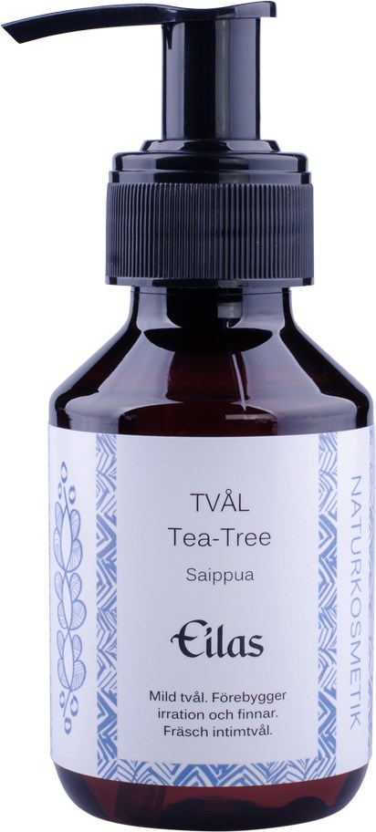 En mörkbrun flaska med pump, märkt Daia Tea-Tree, visar att den hjälper vid mild irritation och torrhet.