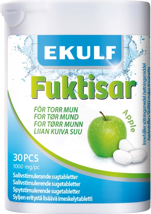Eine Flasche Ekulf Fuktisar für trockenen Mund mit Apfelgeschmack, enthält 30 Tabletten à 1000 mg.