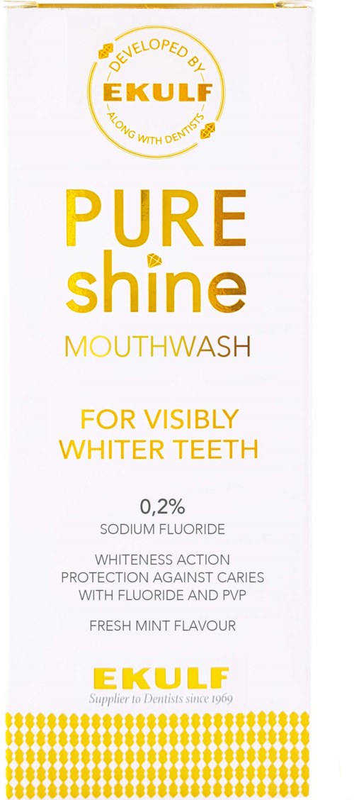 Bildet viser en hvit tannkremkopp med teksten 'Pure Shine' i gult, for hvitere tenner og fluor.