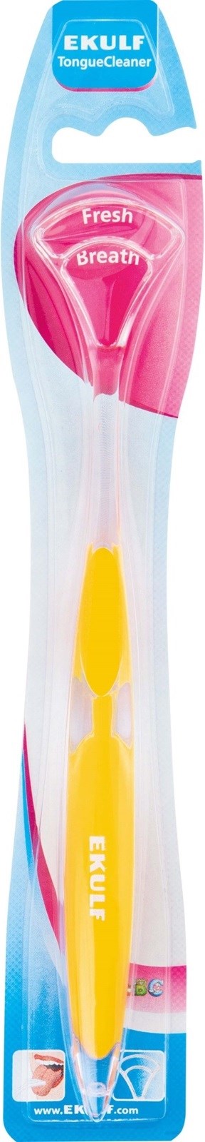 En rosa og gul tannbørste i plastemballasje med ordene "Fresh Breath" og "EKULF".
