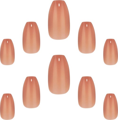 A set of artificial nails in a line, all in a peach color with a shiny finish.