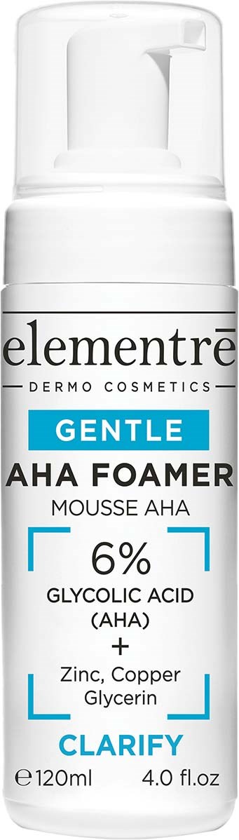 En hvid flaske mærket 'elementrè GENTLE AHA FOAMER' med pumpe, indeholder 6% glykolsyre til hudpleje.