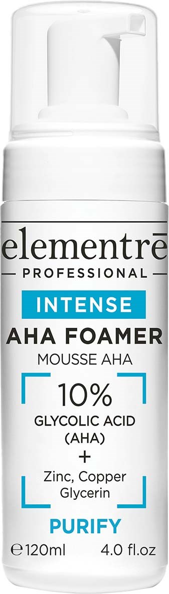 En hvid flaske med pumpe indeholder Elementre Professional Intense AHA Foam, med 10% glykolsyre til hudrens.