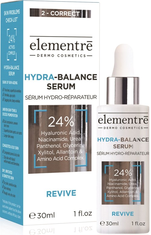 Förpackning av Elementre Hydra-Balance Serum med en pipettflaska bredvid, som visar 24 % hyaluronsyra.