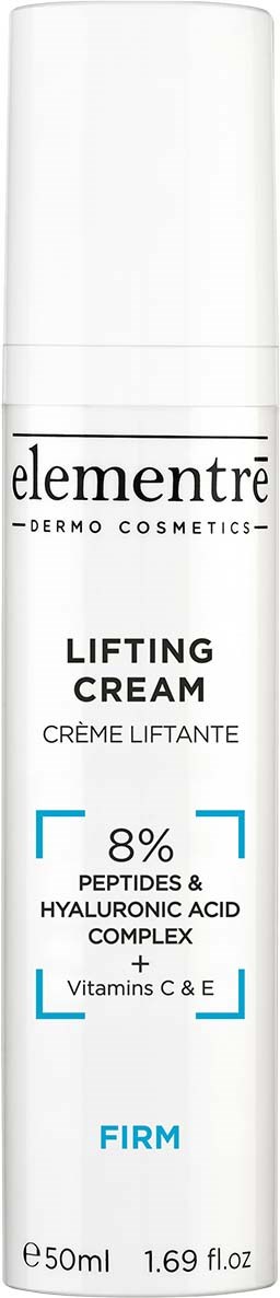 En hvid flaske mærket 'elementré Lifting Cream' indeholder 8% peptider og hyaluronsyre, markeret som fast med 50 ml størrelse.
