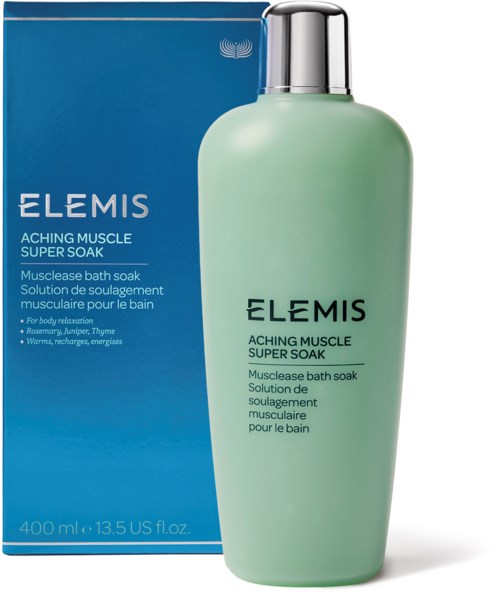 A green bottle of muscle soak bath solution with silver cap and blue box packaging.