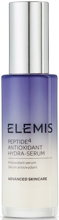 En lila och silver flaska märkt 'Elemis Peptide4 Antioxidant Hydra-Serum' för hudvård.