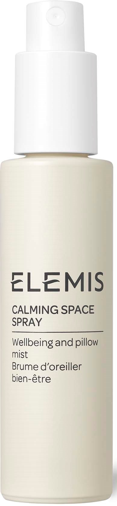 En vit sprayflaska märkt "ELEMIS Calming Space Spray" för välbefinnande och kudde.