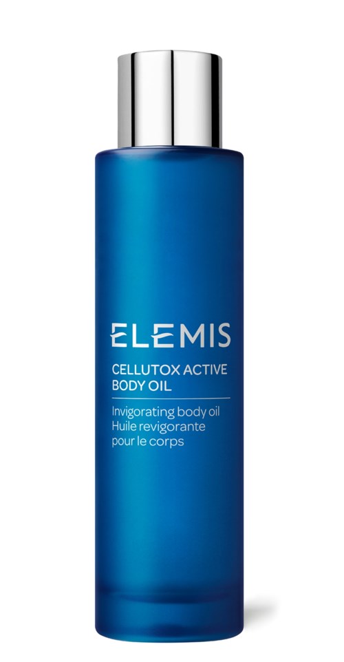 Blauwe fles met zilveren dop voor Elemis lichaam olie, gelabeld als Cellutox Active Body Oil.