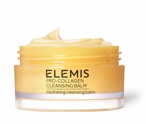 En gul burk av ELEMIS Pro-Collagen Cleansing Balm med kräm inuti, märkt för återfuktande rengöring.