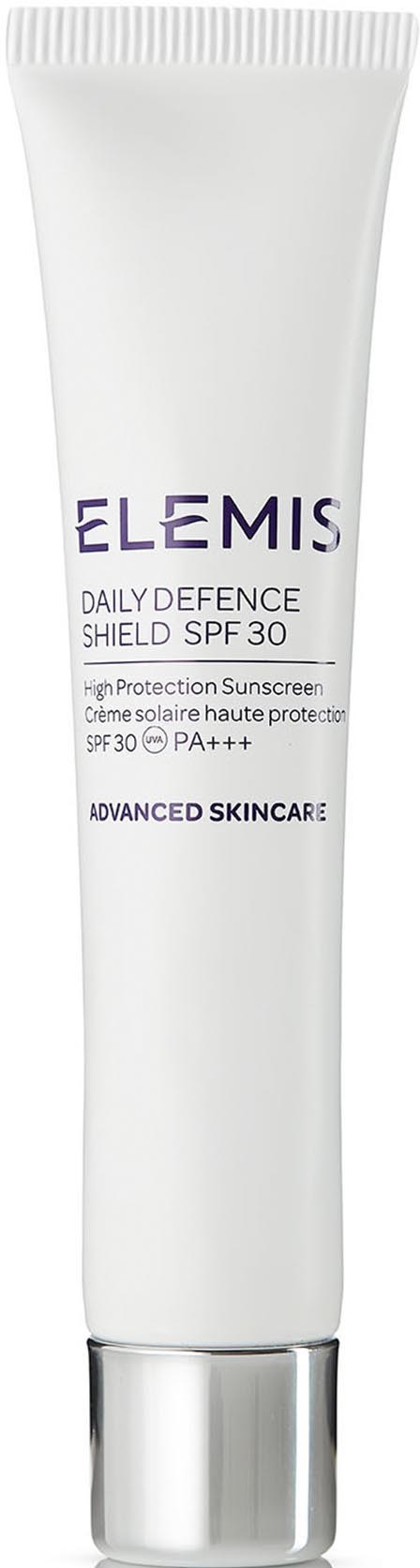 En vit tub med Elemis Daily Defence Shield SPF 30 solkräm med silverlock.