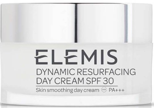 Biała butelka oznaczona Els Engagement Resurfacing Day Cream SPF 30 i łagodzącym skórę efektem.