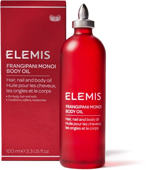 Czerwona butelka i pudełko Elemis Frangipani Monoi Body Oil do włosów, paznokci i skóry, 100 ml.