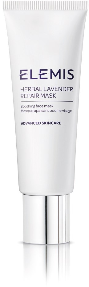 En hvit tube med lilla og svart tekst som heter Elemis Herbal Lavender Repair Mask for beroligende hud.