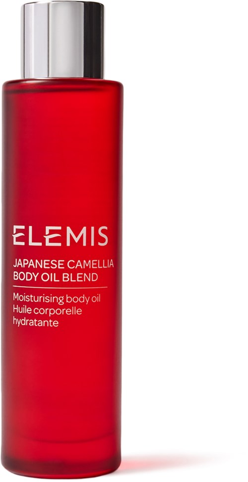 Een rode fles van Elemis Japanese Camellia Body Oil Blend met zilveren dop.
