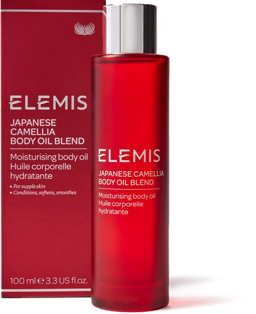 Een rood flesje en doos voor Elemis Japanese Camellia Body Oil Blend, gemarkeerd voor het hydrateren van de huid.