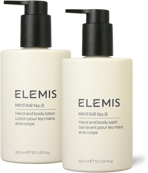 Two white bottles with black pumps labeled 'ELMIS,' one for lotion and one for wash, 300 ml each.