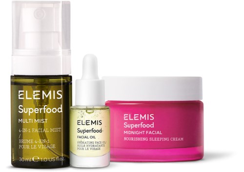 Three skincare products: facial mist, facial oil, and sleeping cream in pink and white containers.