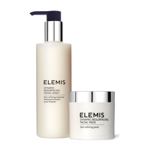 Two skincare products from ELEMIS: a facial wash and facial pads, both in white containers with silver caps.