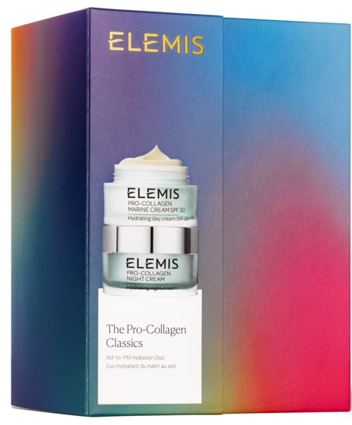Monivärinen laatikko esittää Elemis-ihonhoitotuotteita, mukaan lukien päivä- ja yöcollageenivoiteet tuotetiedoin.