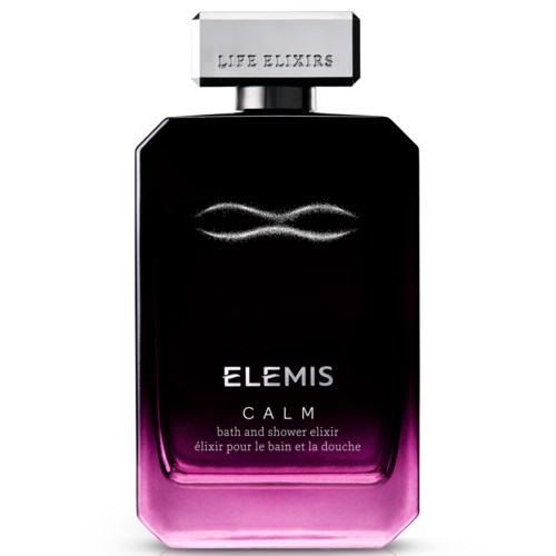 En svart och lila bad- och dusch-elixiroch låda med etiketten 'LIFE ELIXIRS' på toppen och 'ELEMIS CALM' på framsidan.