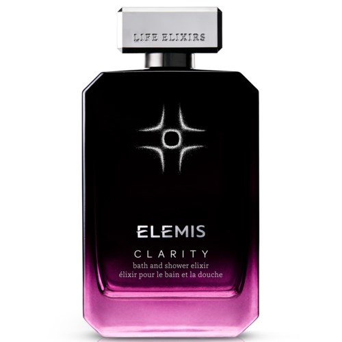 En svart og lilla flaske merket "Element Clarity" med sølvhette og en glødende stjernebjestrering.