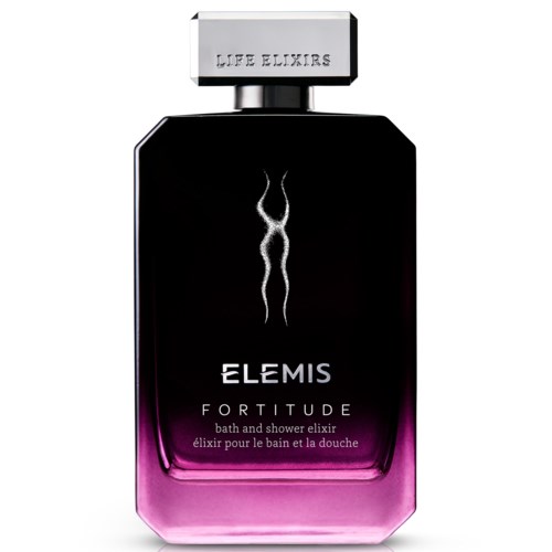 En svart och lila flaska med silverlock, märkt 'ELEMIS Fortitude' för bad och dusch. Liten silverskylt upptill.