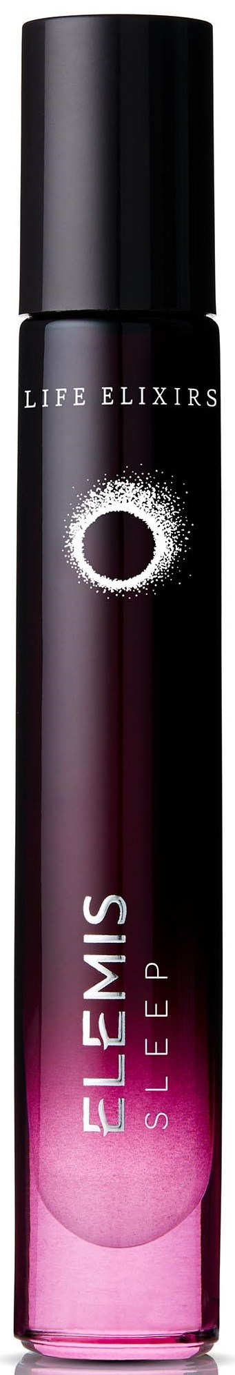 En lång, smal flaska med svart lock, rosa och lila gradient och vitt text som säger "ELIXIR" och "SLEEP."