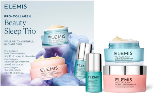 Series of skincare products for beauty and sleep from ELEMIS, including cleansing balm and night treatment.