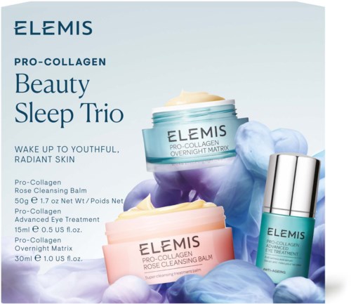 Skincare products including creams, balms, and serum from ELEMIS, focusing on beauty and sleep.