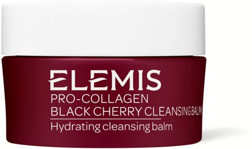 A jar of Elemis Pro-Collagen Black Cherry Cleansing Balm with a white lid and dark red container.