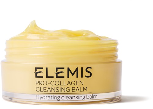 En gul burk med Elemis Pro-Collagen rengöringsbalsam med lite produkt på toppen.