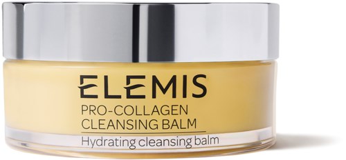 En burk med Elemis Pro-Collagen Cleansing Balm med ett glänsande silverlock och gul balm inuti.