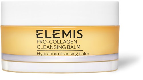 Een witte en gele pot met Elemis Pro-Collagen Cleansing Balm en tekst op het label.
